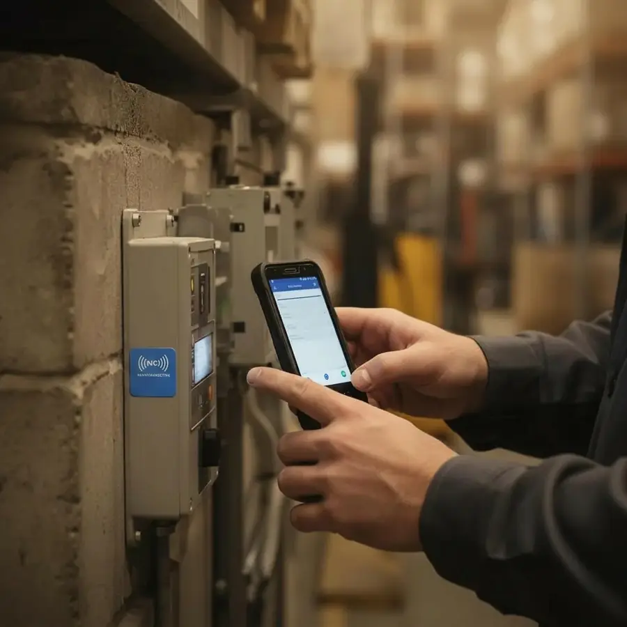 A technician tapping an NFC tag on connected equipment