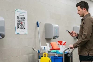 A cleaner scanning a QR code in a public restroom to log a facilities task