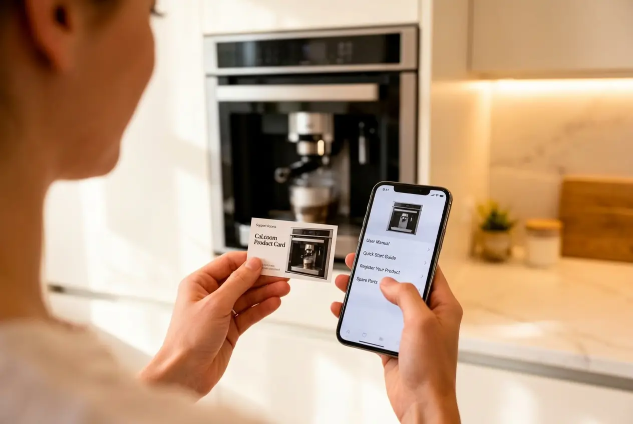A homeowner scanning a QR code on a built-in kitchen appliance to access the product record