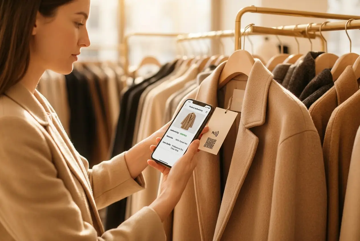 A customer in a boutique inspecting a connected hangtag on a wool coat