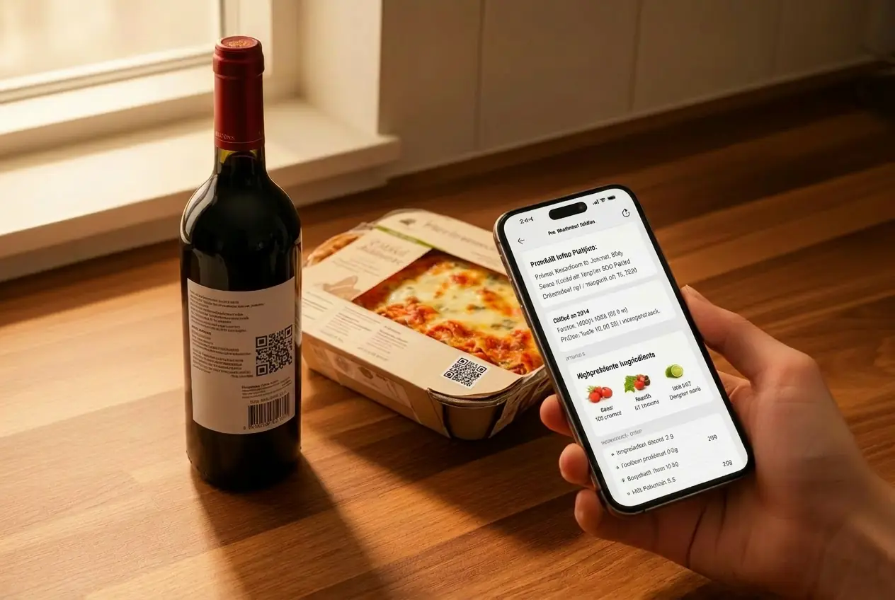 A bottle of wine and a chilled ready-meal carton on a kitchen counter, each with a small QR code, and a phone showing product information