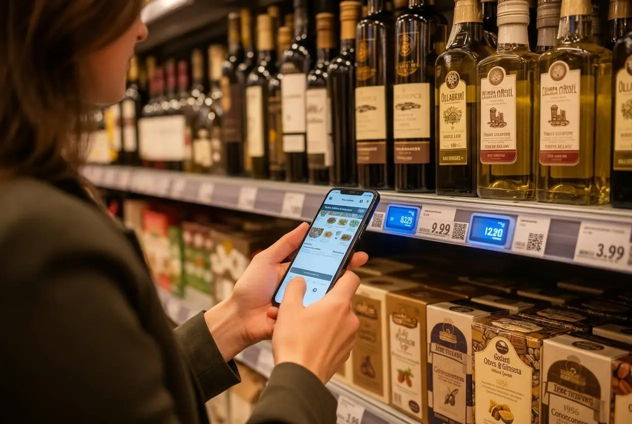 A shopper scanning a digital shelf-edge tag in a supermarket aisle