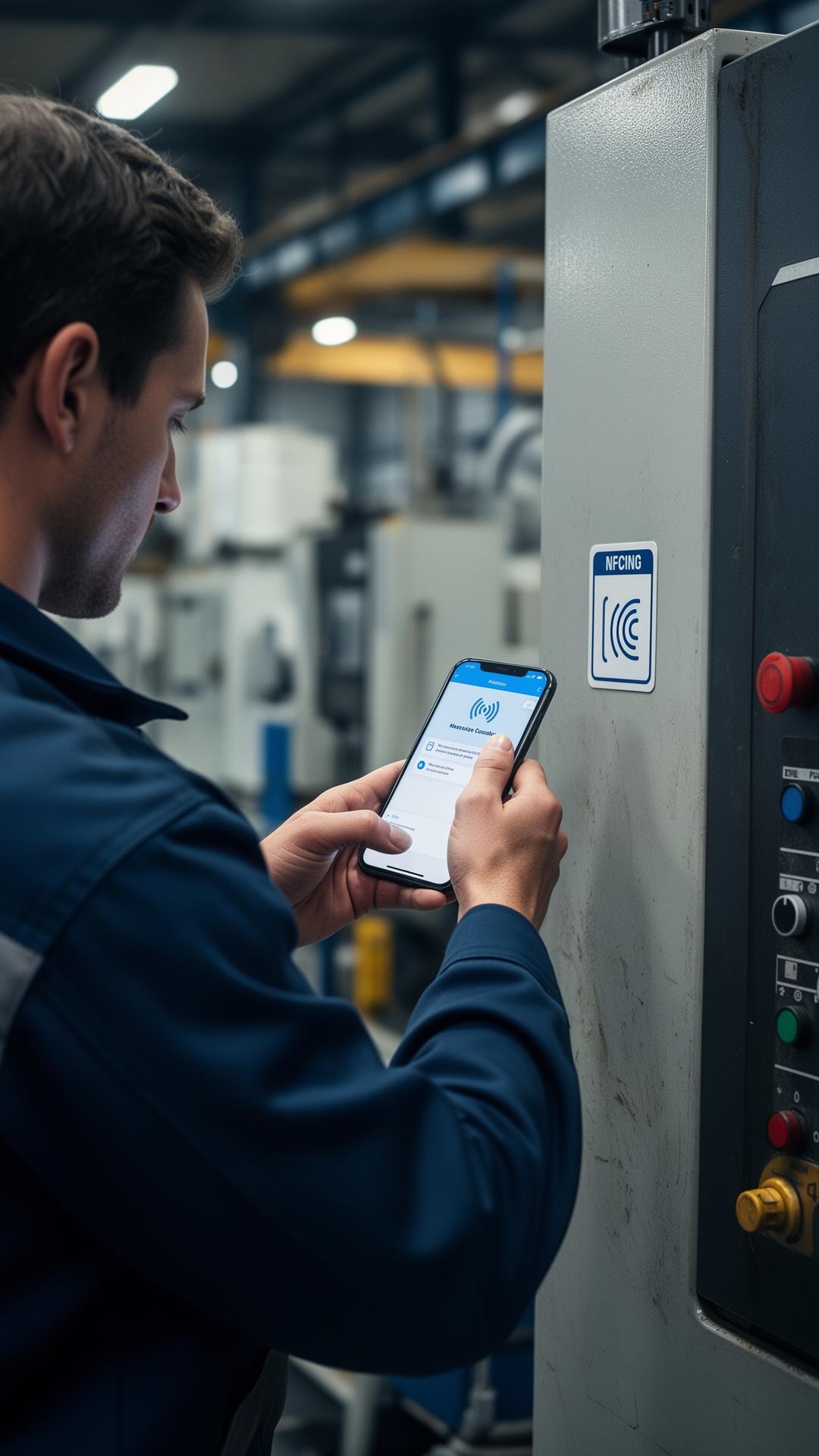 A technician tapping an NFC tag on industrial equipment with a smartphone