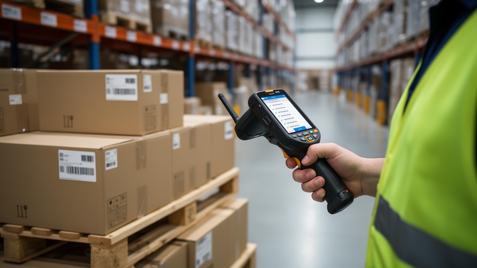 A warehouse worker in a hi-vis vest scanning labelled boxes on a pallet with a handheld RFID scanner