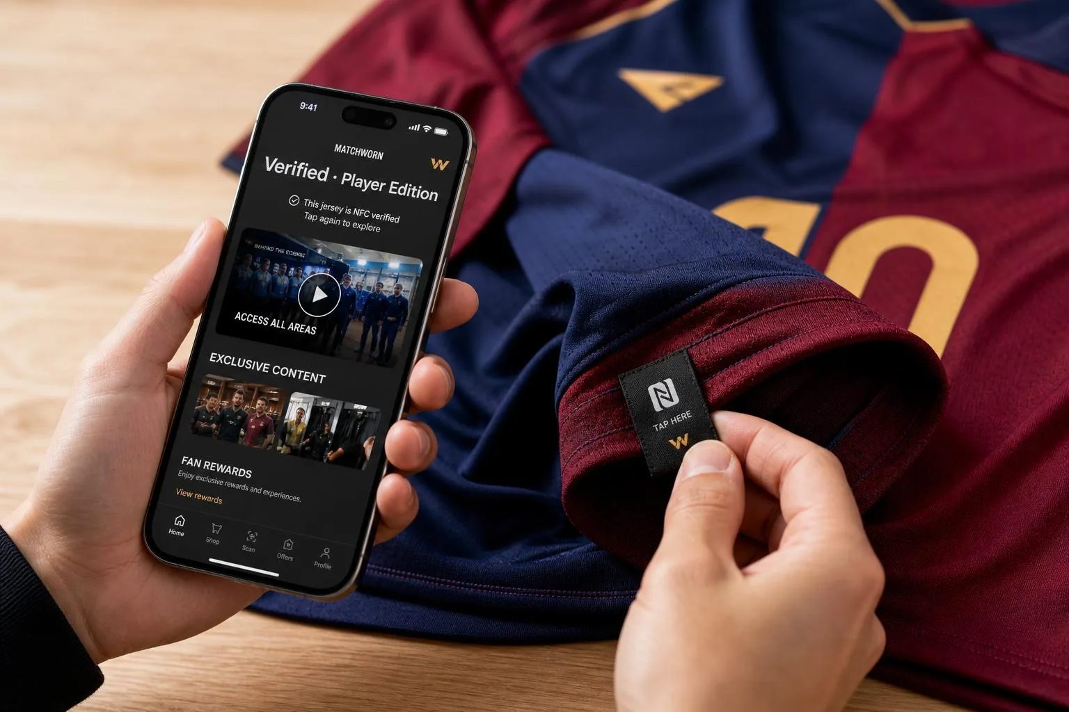 Hands tapping a smartphone against an NFC label on a football jersey, with the screen showing verified player-edition content, exclusive video and fan rewards