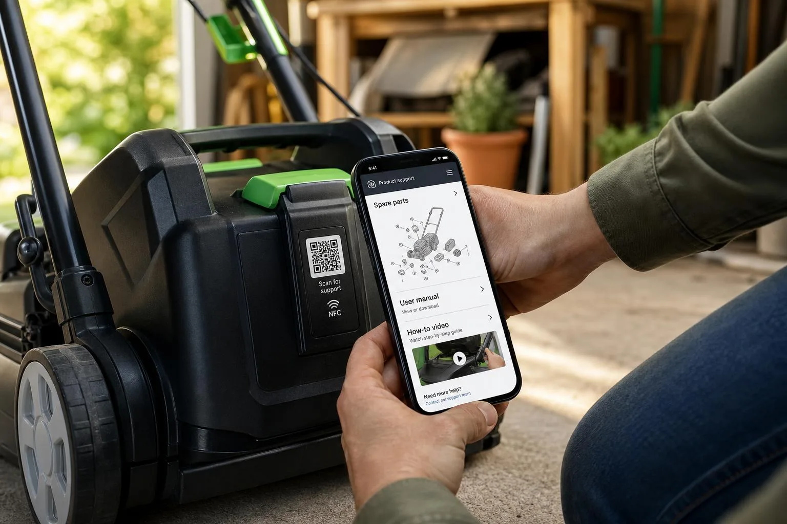 A homeowner kneeling beside a cordless lawnmower, tapping their phone on a QR and NFC tag on the battery to open spare parts, the user manual and how-to videos