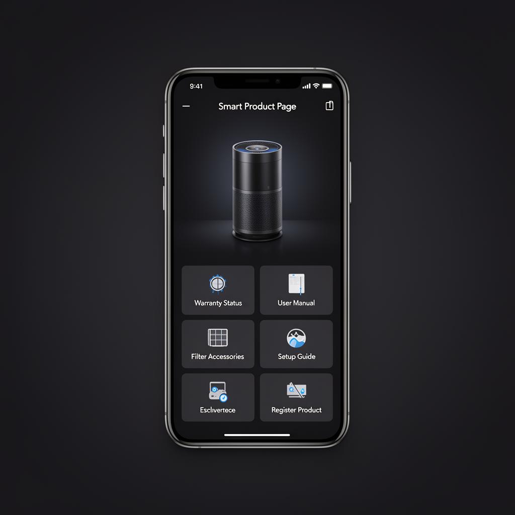 SmartLinks Hub product page on mobile showing authentication, story and AI assistant