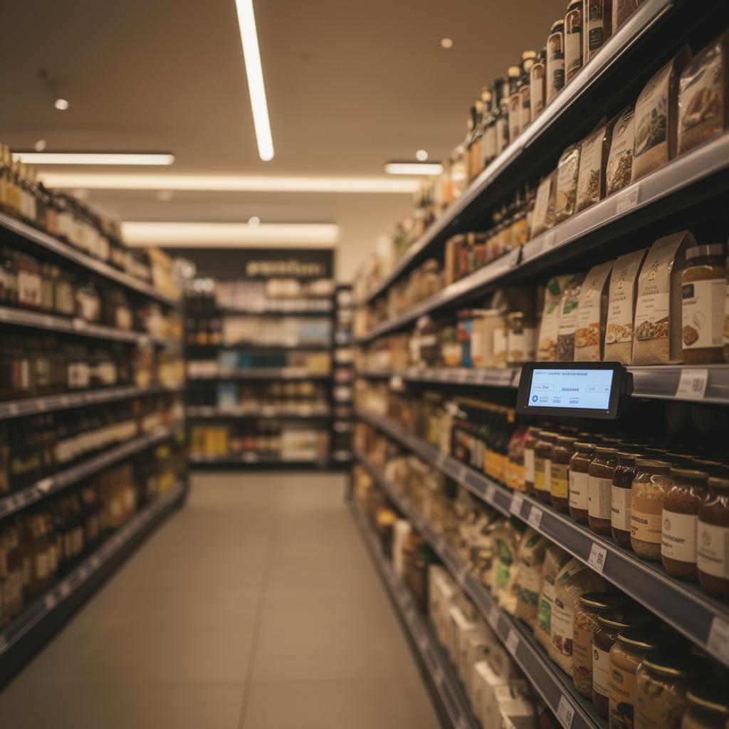 A supermarket aisle with a digital shelf-edge label visible at the front of a shelf