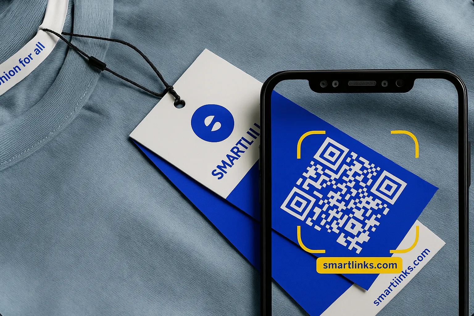 Clothing tag with QR code and SmartLinks mobile app interface