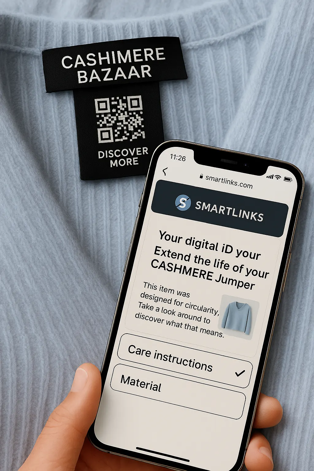 FUTURWEAR clothing tag with QR code and SmartLinks mobile app interface
