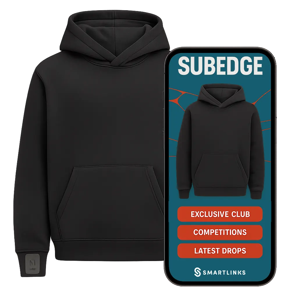 SUBEDGE hoodie with SmartLinks mobile app interface showing exclusive club features