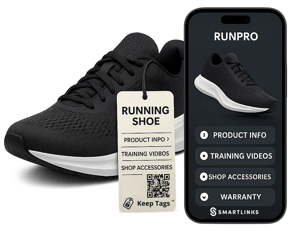 RUNPRO running shoe with QR code tag and SmartLinks mobile app interface