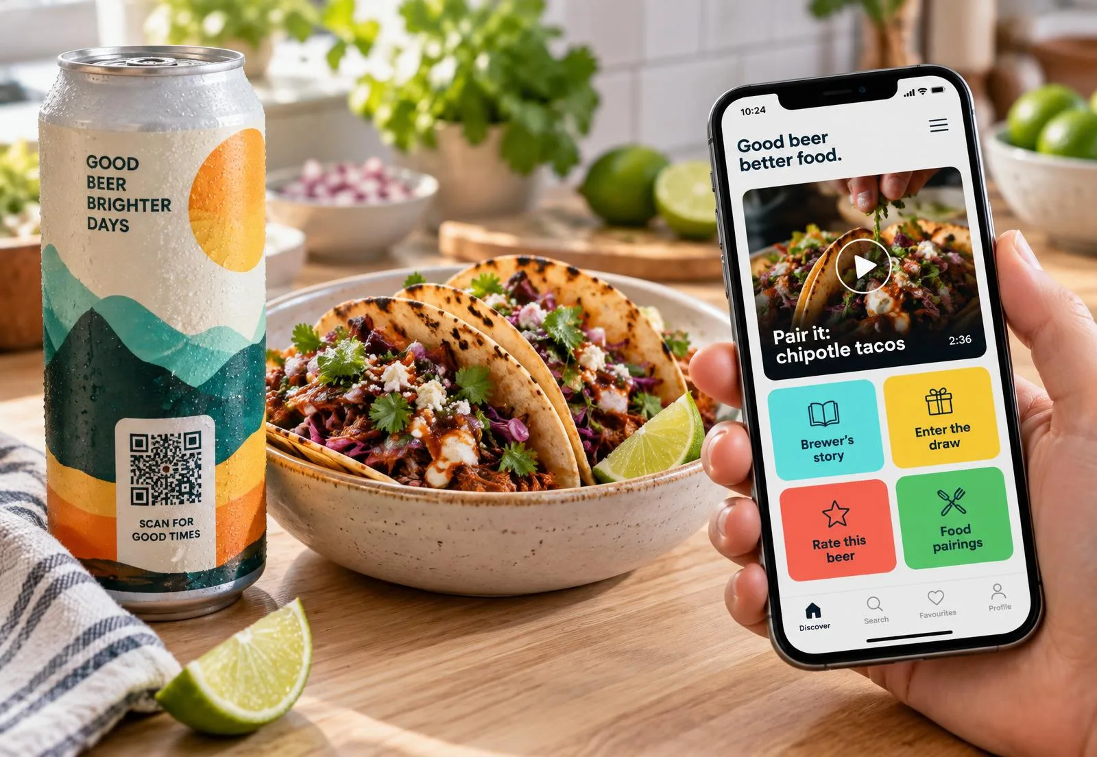 Craft beer can beside tacos and a phone showing a recipe video and four engagement buttons