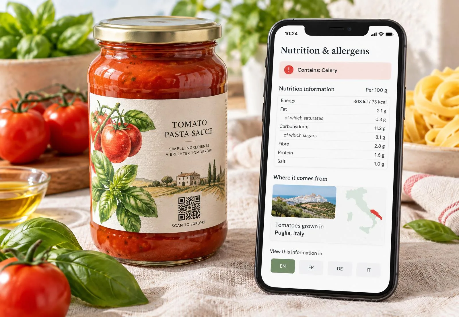 Tomato sauce jar with a QR code beside a phone showing nutrition, an allergen alert, origin map and language options