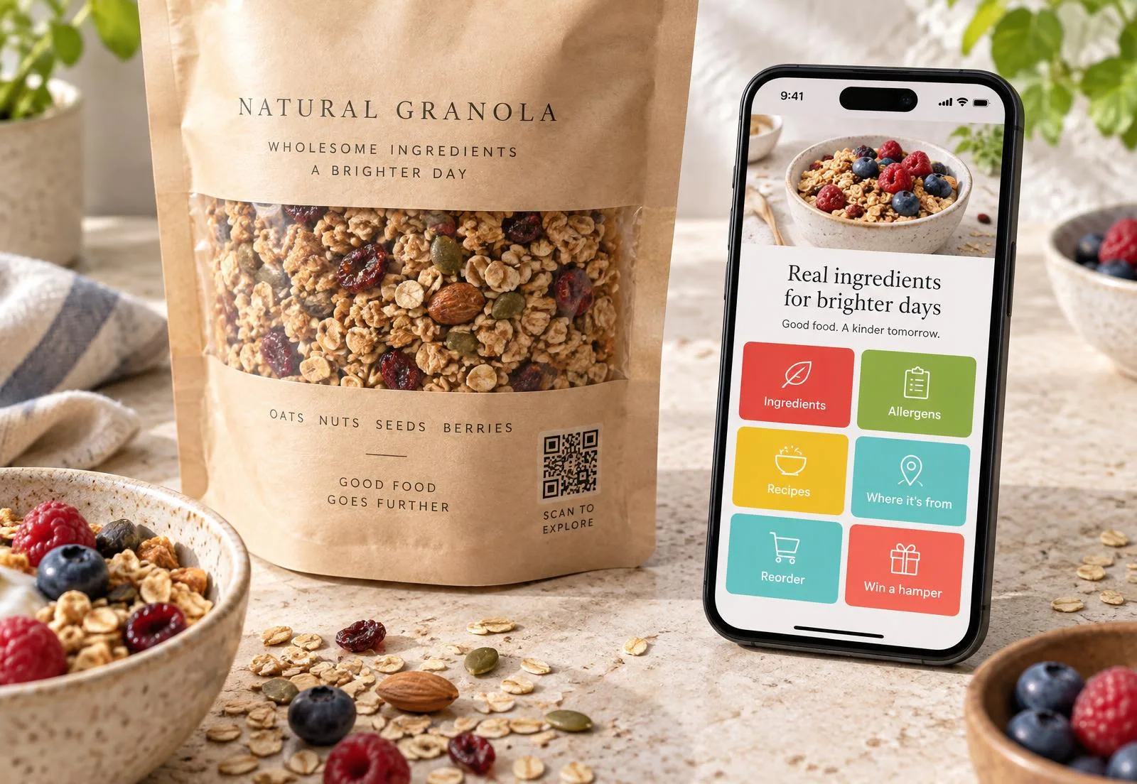 Granola pouch with a QR code beside a phone showing a six-button product portal
