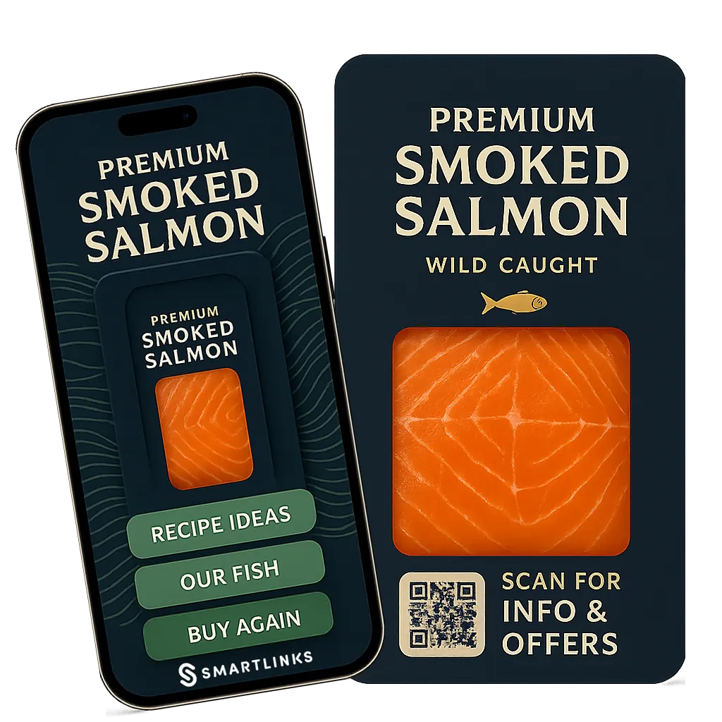 Premium smoked salmon packaging with QR code and SmartLinks mobile app interface