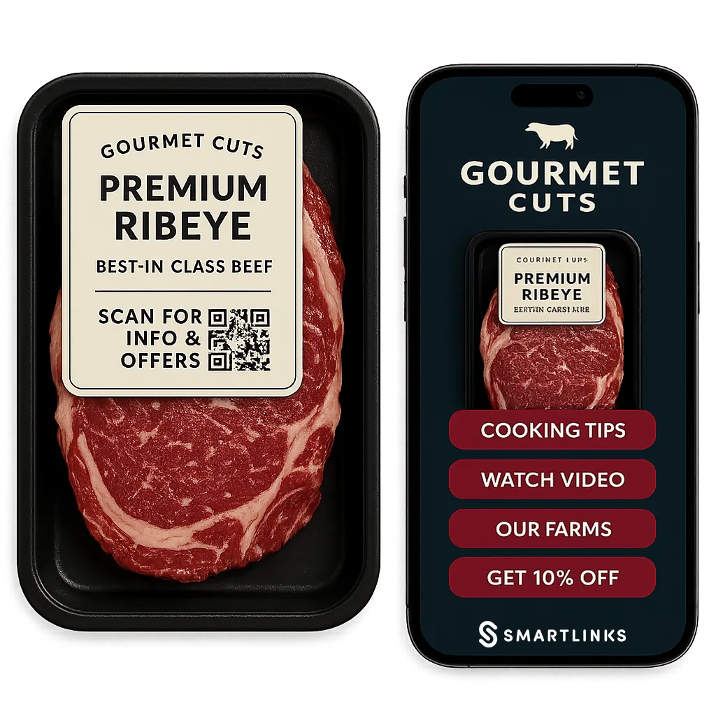Gourmet Cuts Premium Ribeye packaging with QR code and SmartLinks mobile app interface