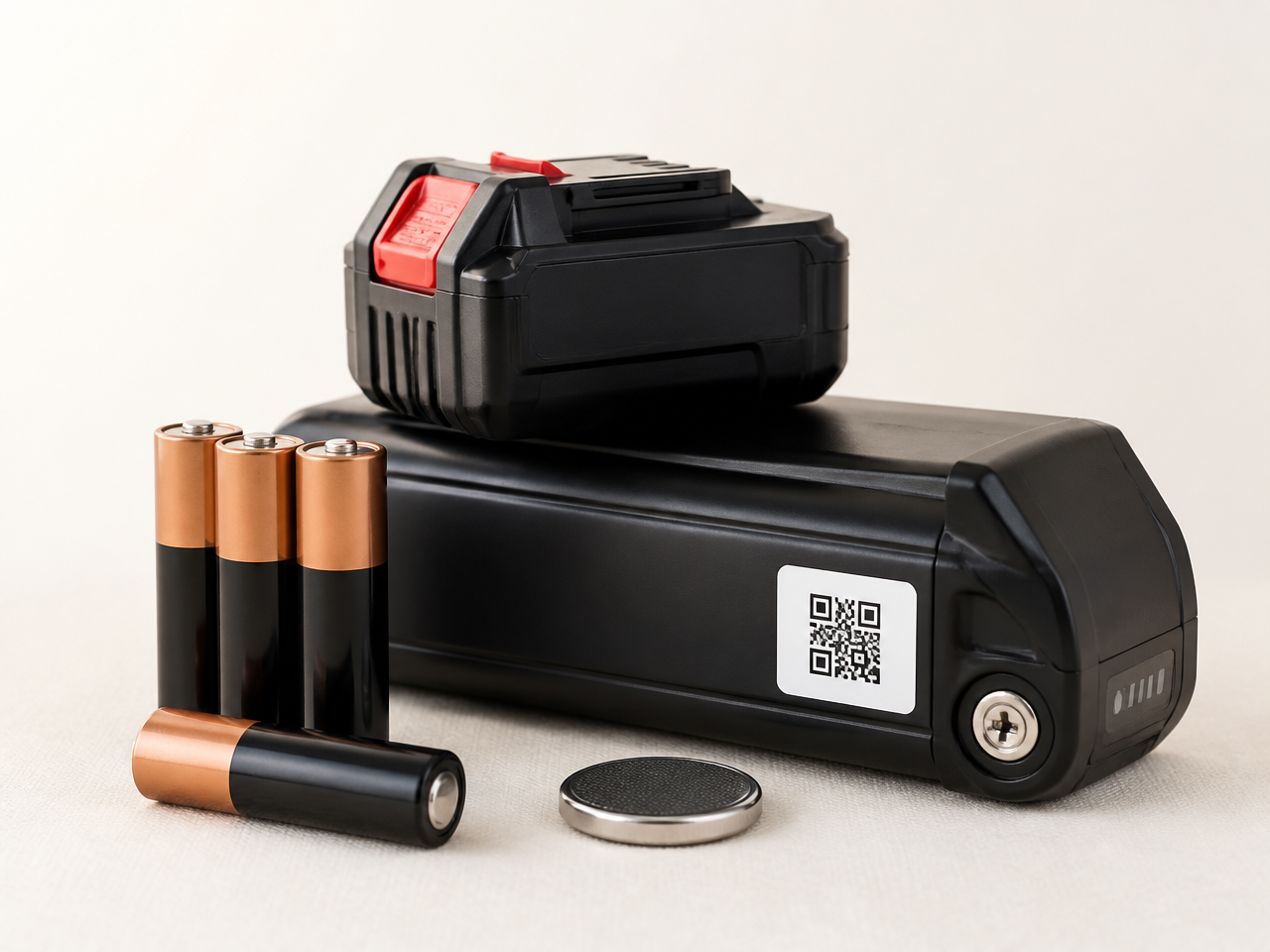 Consumer batteries, a cordless tool pack and an e-bike battery with a QR-labelled passport