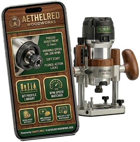 Power tool router with its SmartLinks digital product passport open on a phone