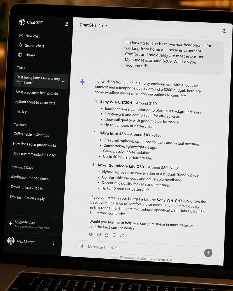 AI chat interface answering a product question from SmartLinks MCP and RAG-ready data on a laptop