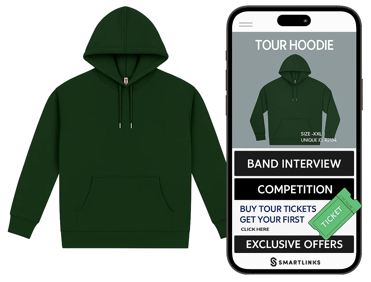 Earth Positive sustainable hoodie with SmartLinks NFC connected packaging and digital product passport interface